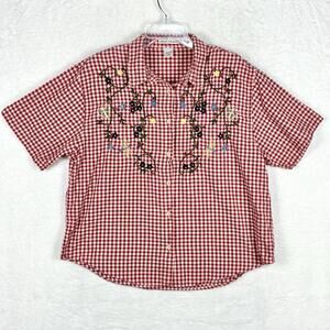 VTG 90s Gingham Embroidered Shirt Womens 1X Red Beige Cottage Country Prairie